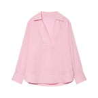 Women's loose linen look tunic with deep V-neck and shirt collar Fashion Glam
