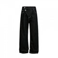 Women's Wide High-Waist Denim Jeans with Asymmetric Button Placket and Contrast Stitching Fashion Glam