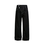 Women's Wide High-Waist Denim Jeans with Asymmetric Button Placket and Contrast Stitching Fashion Glam