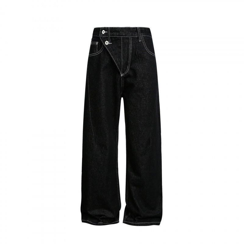 Women's Wide High-Waist Denim Jeans with Asymmetric Button Placket and Contrast Stitching Fashion Glam
