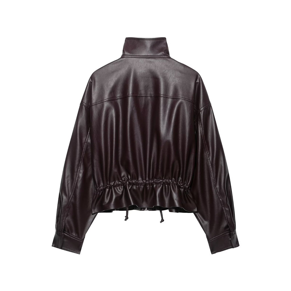Women's cropped faux leather bomber jacket with drawstring waist Fashion Glam