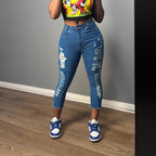 Women's high-cut ankle-length skinny jeans with generous rip details and raw hem Fashion Glam