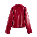 Women's Shiny Faux Leather Blouse Jacket in Boxy Cut with Shirt Collar Fashion Glam