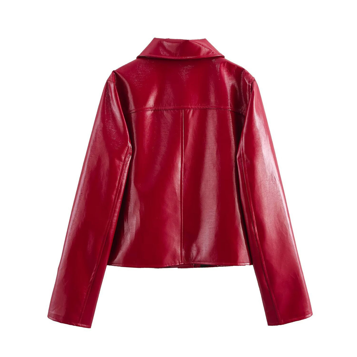 Women's Shiny Faux Leather Blouse Jacket in Boxy Cut with Shirt Collar Fashion Glam