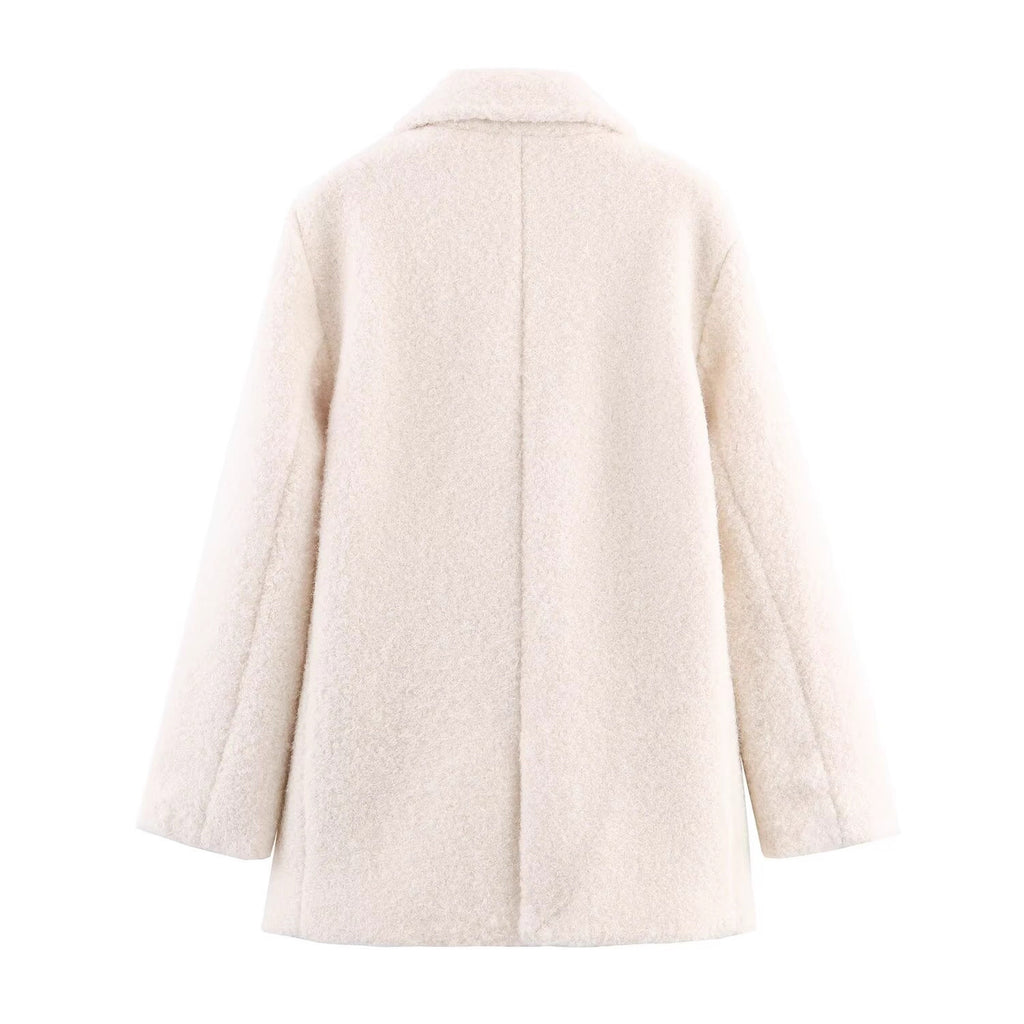 Ladies Double-Breasted Teddy Coat with Shawl Collar and Patch Pockets Fashion Glam