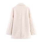 Ladies Double-Breasted Teddy Coat with Shawl Collar and Patch Pockets Fashion Glam