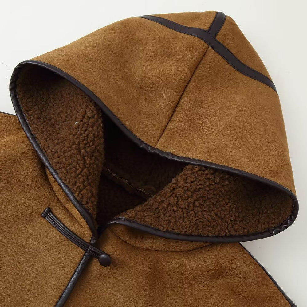 Women's Short Hooded Sheepskin Imitation Duffle Jacket with Toggle Fastenings Fashion Glam