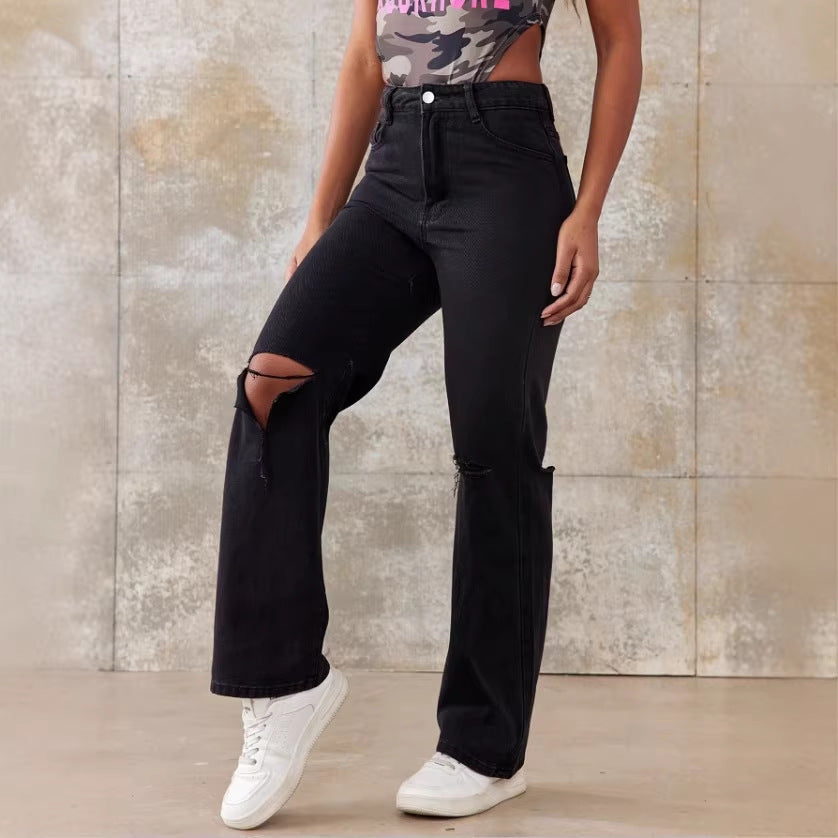 Ladies High-Waist Straight Jeans with wide leg, knee rip and textured denim look Fashion Glam