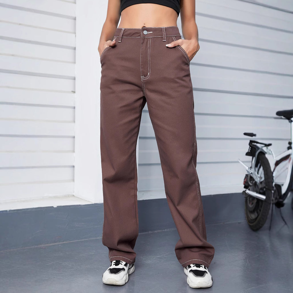 Women Relaxed-Fit Chino Pants with High Waist and Visible Contrast Seams Fashion Glam