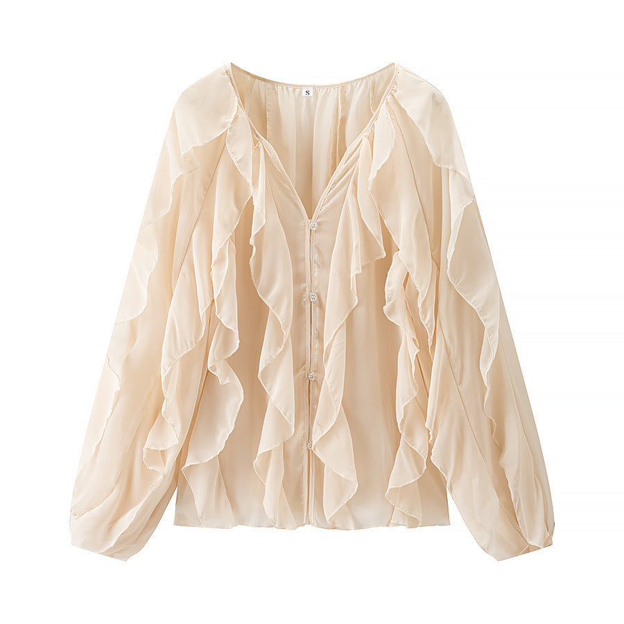 Ladies Voluminous Chiffon Blouse with Layered Ruffles and Button Closure Fashion Glam