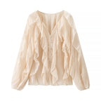Ladies Voluminous Chiffon Blouse with Layered Ruffles and Button Closure Fashion Glam