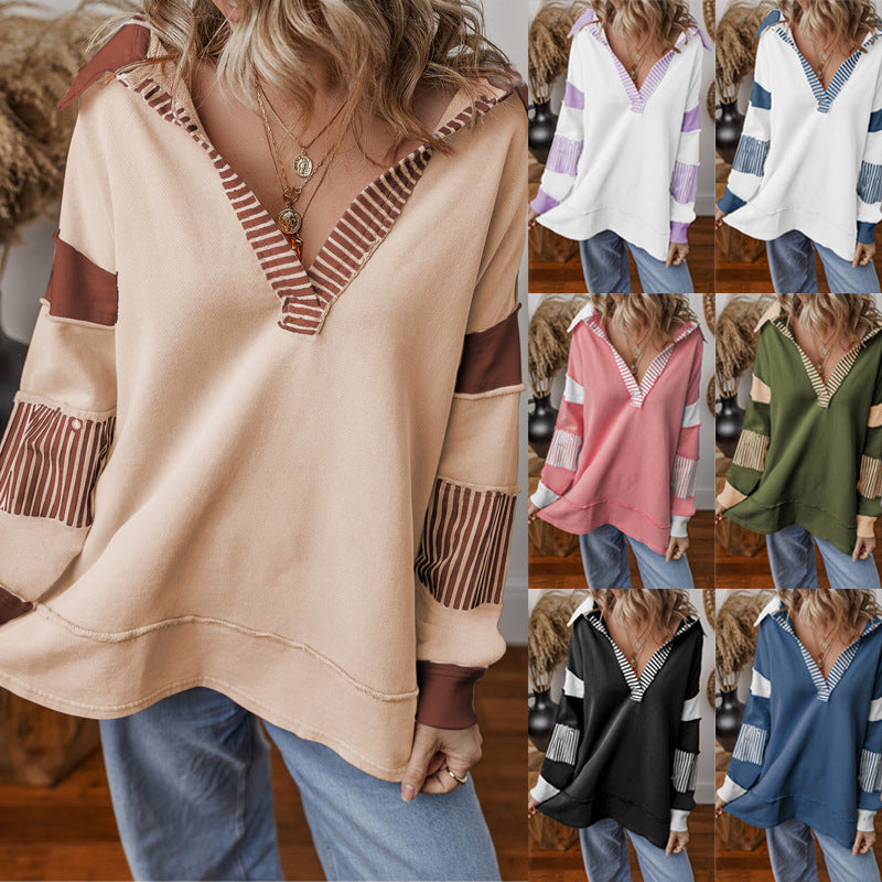 Women’s oversized sweatshirt with deep V-neck, striped inner collar and contrast sleeves Fashion Glam