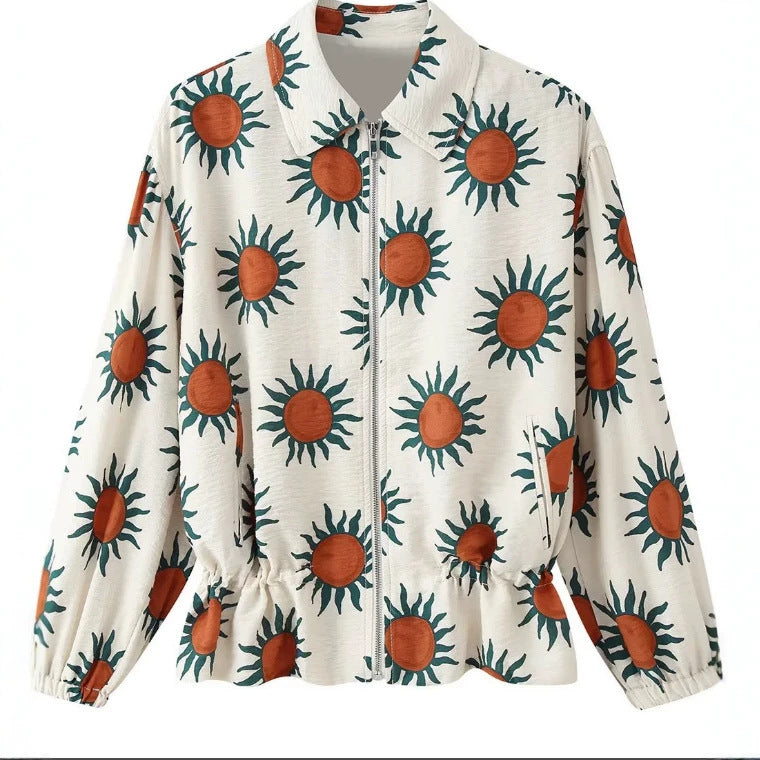 Women's Printed Bomber Jacket with Zipper, Shirt Collar and Waist Drawstring Fashion Glam