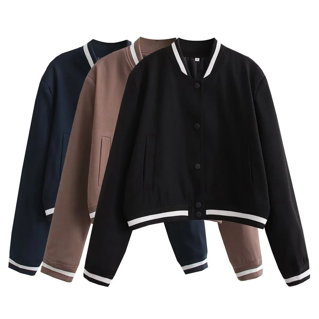 Women's Cropped College Bomber Jacket with Striped Ribbed Cuffs and Snap Button Closure Fashion Glam