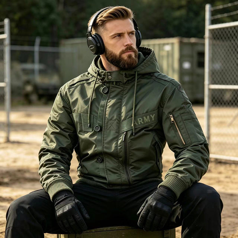 Men's Military-Inspired Hooded Bomber Jacket with Utility Pockets Fashion Glam