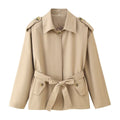 Women's short trench coat with waist belt, shoulder flaps, and patch pockets Fashion Glam