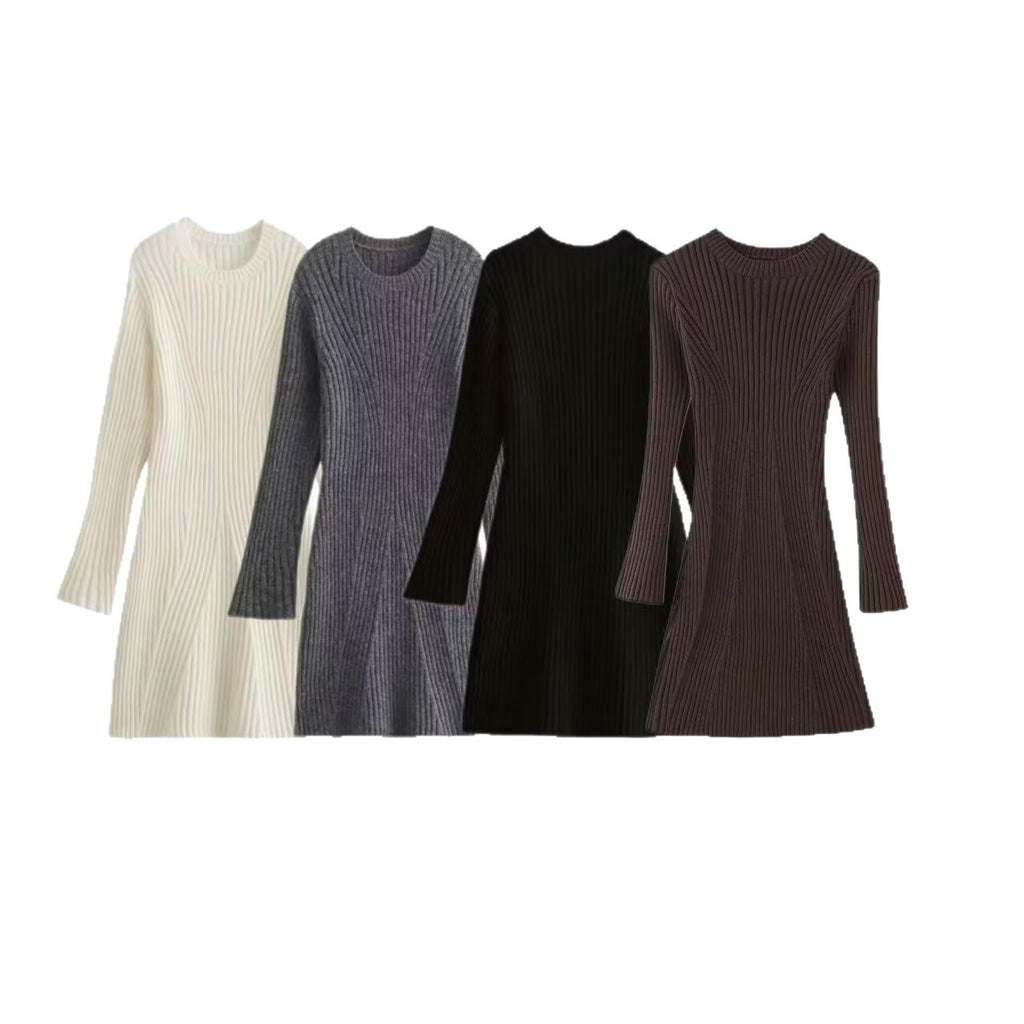 Women's Ribbed Knit Dress with Flared A-Line and Wide Cuffs Fashion Glam