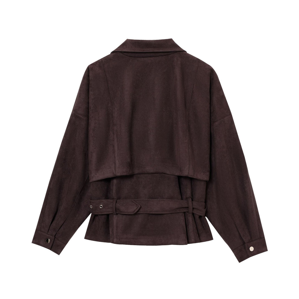 Women Short Suede Look Trench Coat with Waist Belt and Zipper Details Fashion Glam
