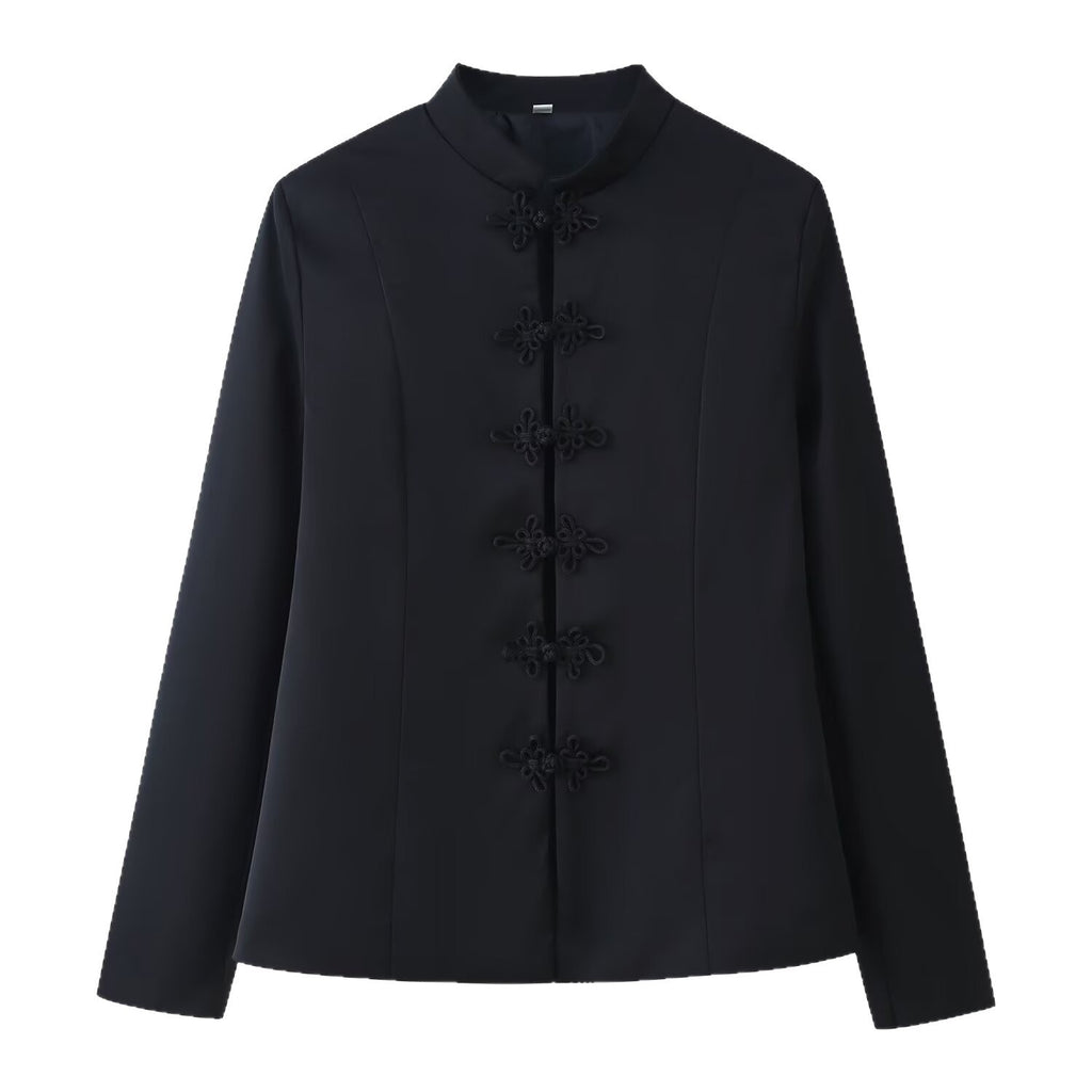 Ladies Elegant Short Jacket in Mandarin Style with Decorative Knot Closures Fashion Glam