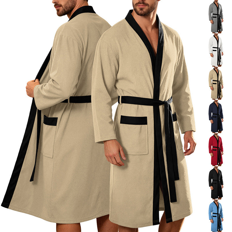 Men's lightweight cotton kimono bathrobe with waffle texture and patch pockets Fashion Glam