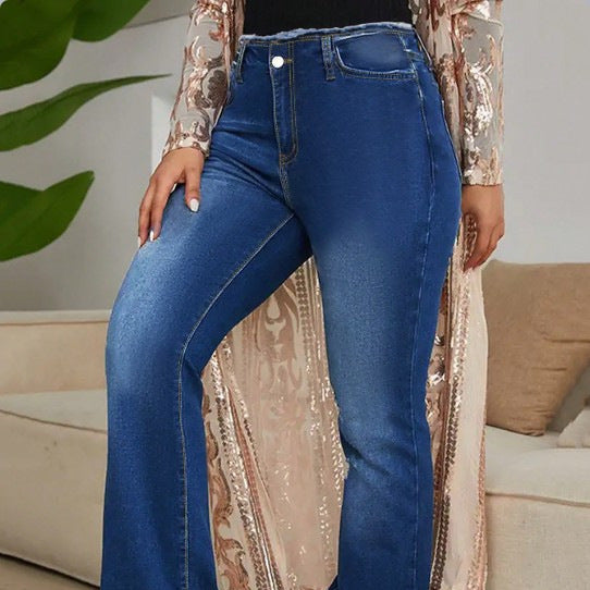 Women's High-Waisted Elastic Jeans with Bootcut and Frayed Hem Fashion Glam