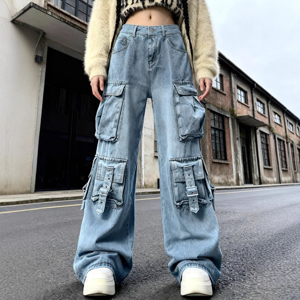Women's Wide Cargo Jeans with Multiple Patch Pockets and Utility Details Fashion Glam