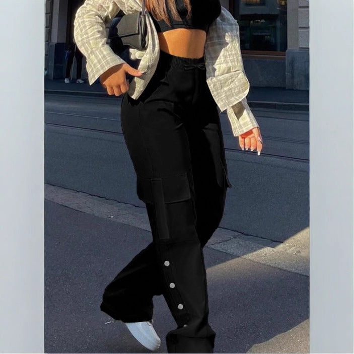 Women's High-Waist Cargo Pants with Wide Leg, Drawstring and Side Snap Details Fashion Glam