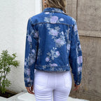 Women's Short-Cut Denim Jacket with Floral Watercolor Print and Flap Pockets Fashion Glam
