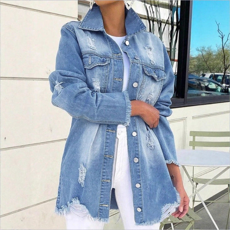 Women's Oversized Denim Jacket with Destroyed Details, Longer Cut and Frayed Hem Fashion Glam