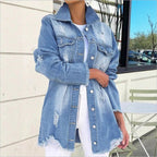 Women's Oversized Denim Jacket with Destroyed Details, Longer Cut and Frayed Hem Fashion Glam