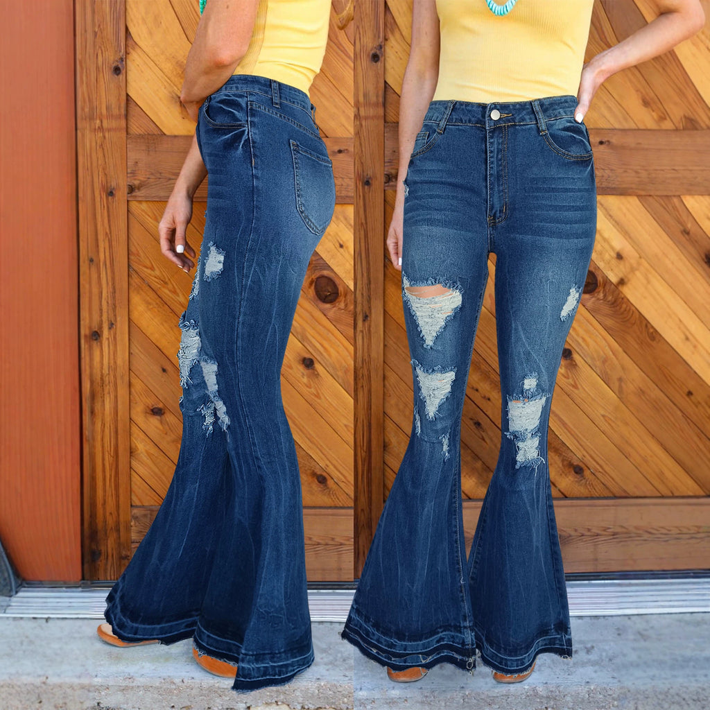 Women's high-waisted destroyed flared jeans with sculpting comfort waistband Fashion Glam