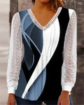 Women's V-neck blouse with abstract graphic print and lace sleeves Fashion Glam