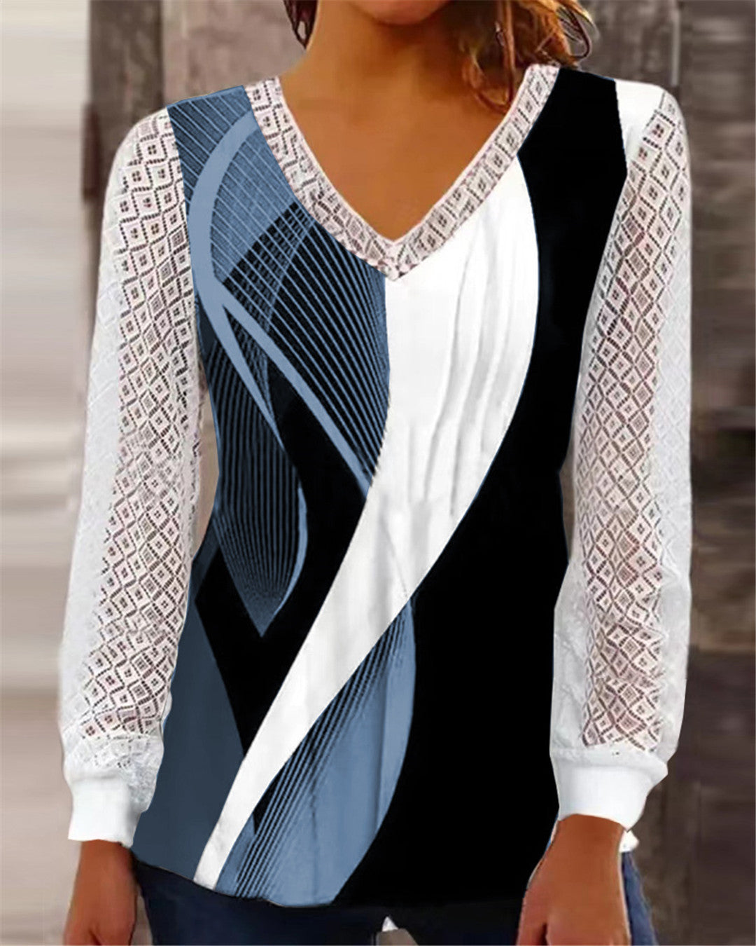 Women's V-neck blouse with abstract graphic print and lace sleeves Fashion Glam