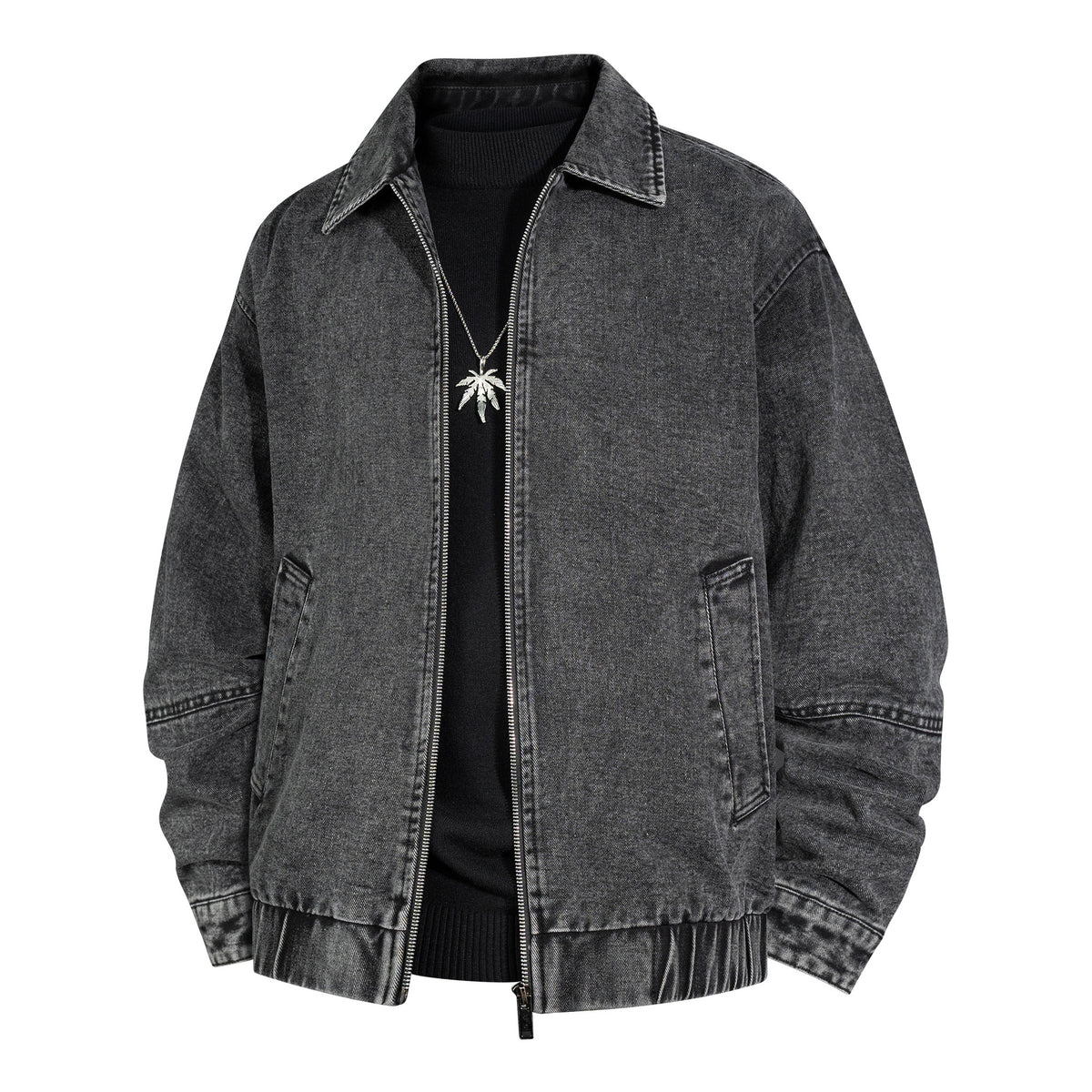 Men's Oversized Vintage Denim Jacket with Continuous Metal Zipper Fashion Glam