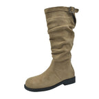 Women's suede knee-high boots with gathered shaft and adjustable buckle tab Fashion Glam