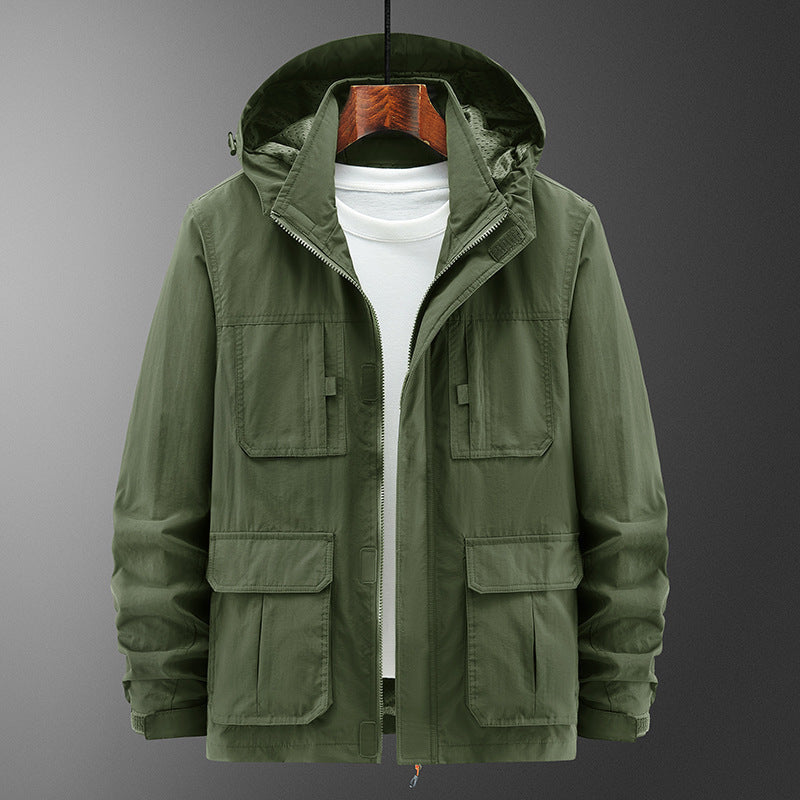 Men's Lightweight Outdoor Field Jacket with Hood, four patch pockets and concealed zipper Fashion Glam