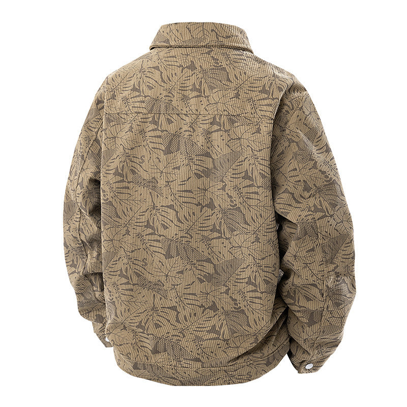 Men's corduroy trucker jacket with jacquard leaf pattern and snap button placket Fashion Glam
