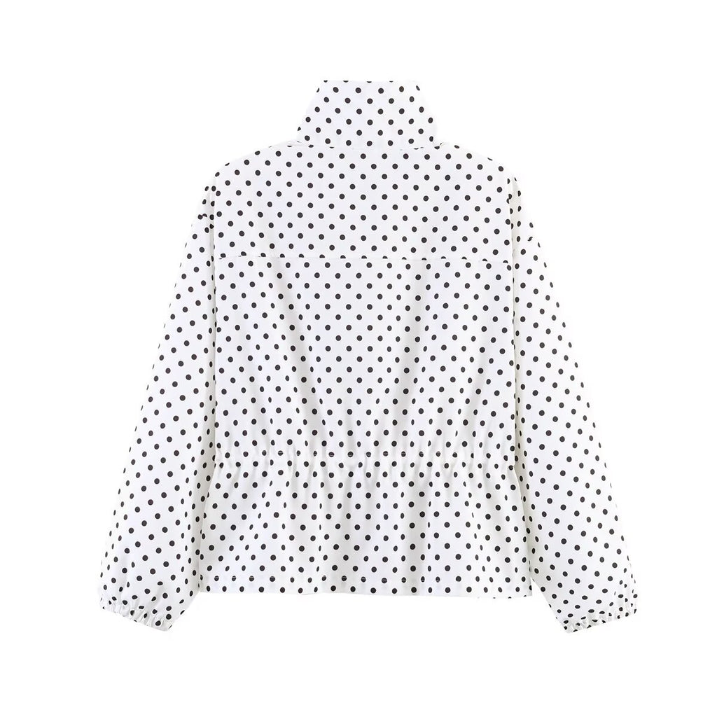 Ladies Cropped Polka Dot Transition Jacket with Stand-Up Collar and Waist Gathering Fashion Glam