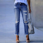 Ladies ankle-length straight-cut destroyed jeans with high waist and frayed hem Fashion Glam