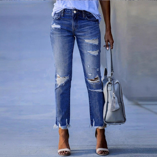 Ladies ankle-length straight-cut destroyed jeans with high waist and frayed hem Fashion Glam