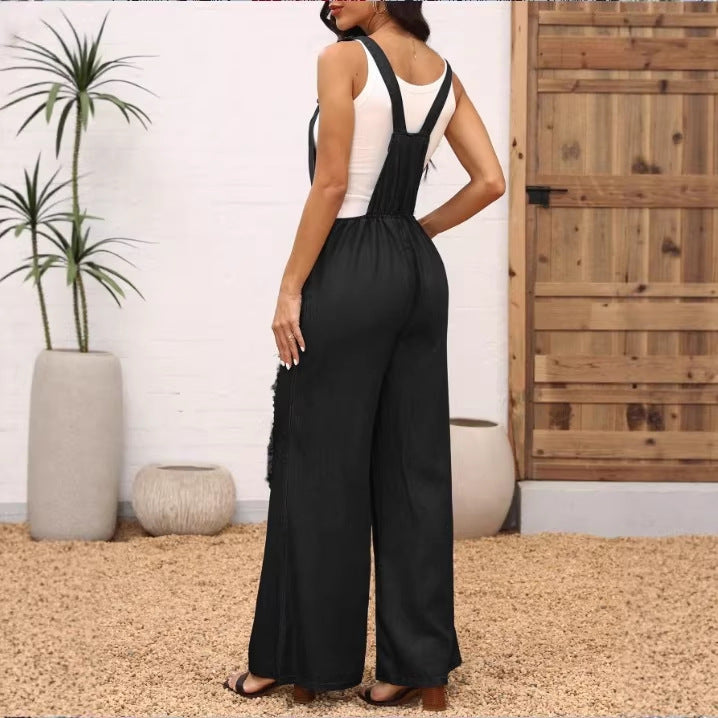 Women's loose distressed overalls with adjustable straps and large knee rips Fashion Glam