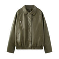Women's Oversize Faux Leather Blouson with Elastic Hem, Slanted Zipper Chest Pocket and Zipper Sleeves Fashion Glam