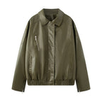 Women's Oversize Faux Leather Blouson with Elastic Hem, Slanted Zipper Chest Pocket and Zipper Sleeves Fashion Glam