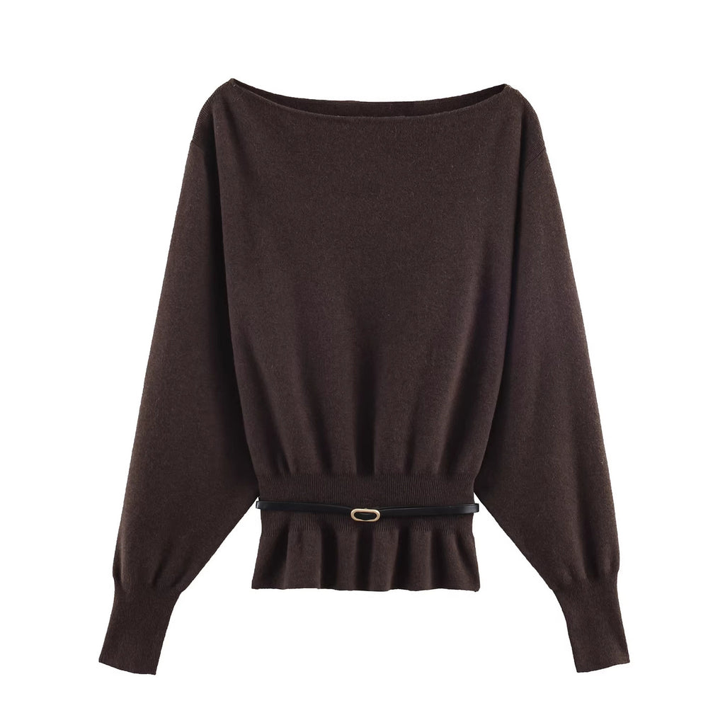 Women's Oversized Knit Sweater with Boat Neck, Batwing Sleeves, Gathered Ribbed Hem, and Waist Belt Fashion Glam