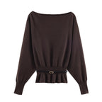 Women's Oversized Knit Sweater with Boat Neck, Batwing Sleeves, Gathered Ribbed Hem, and Waist Belt Fashion Glam