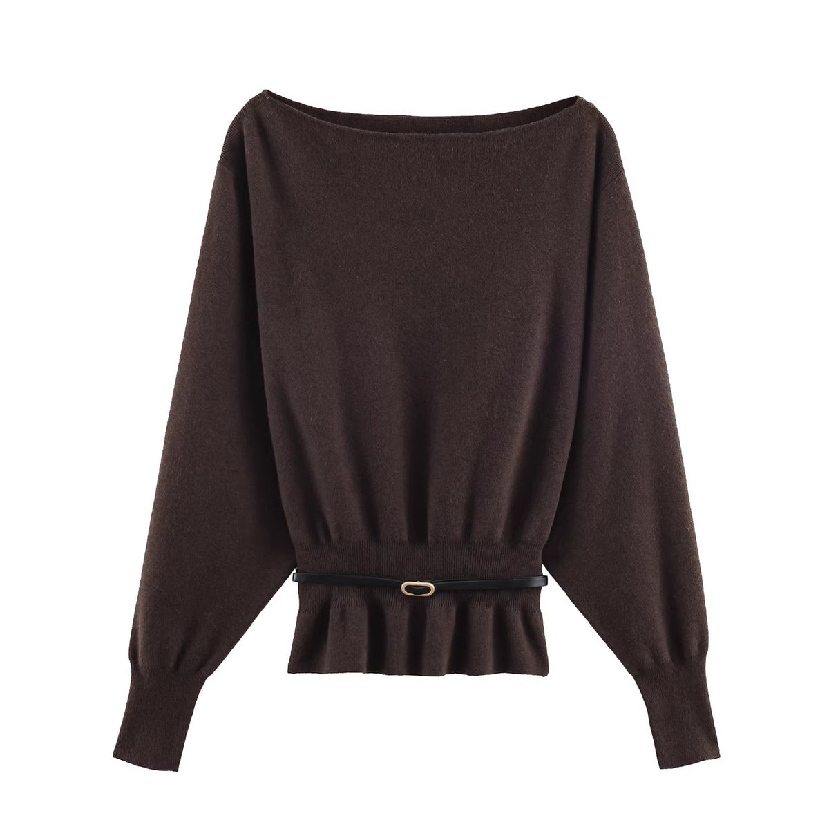 Women's Oversized Knit Sweater with Boat Neck, Batwing Sleeves, Gathered Ribbed Hem, and Waist Belt Fashion Glam