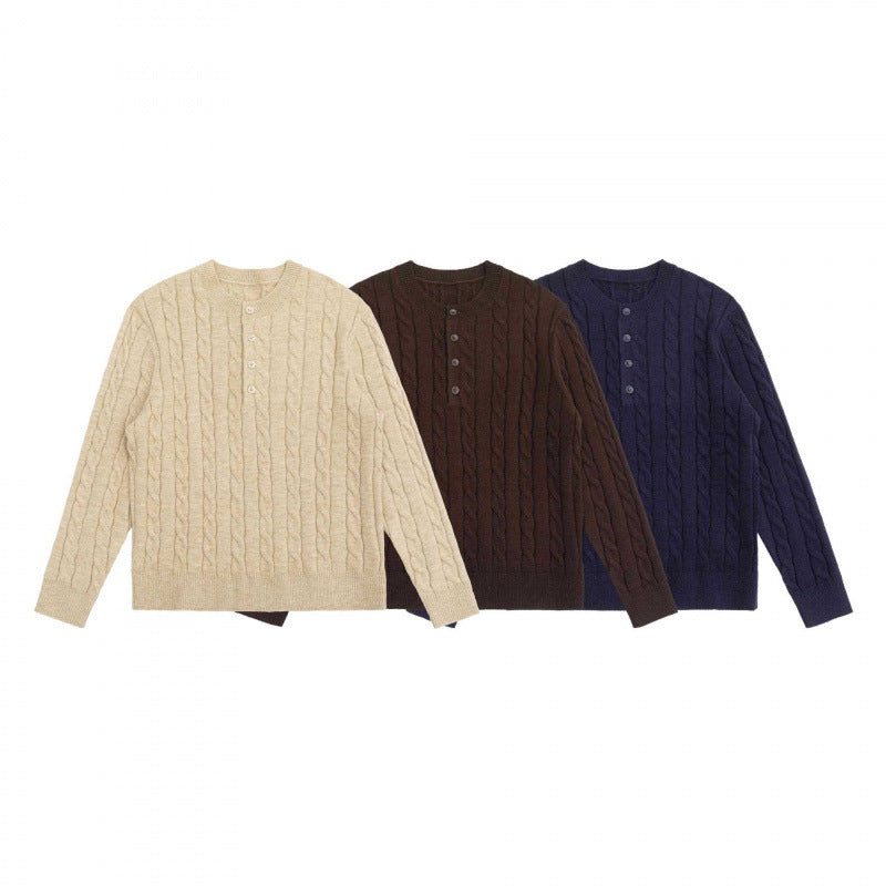 Unisex Chunky Knit Henley Sweater with Cable Pattern and Half Button Placket Fashion Glam