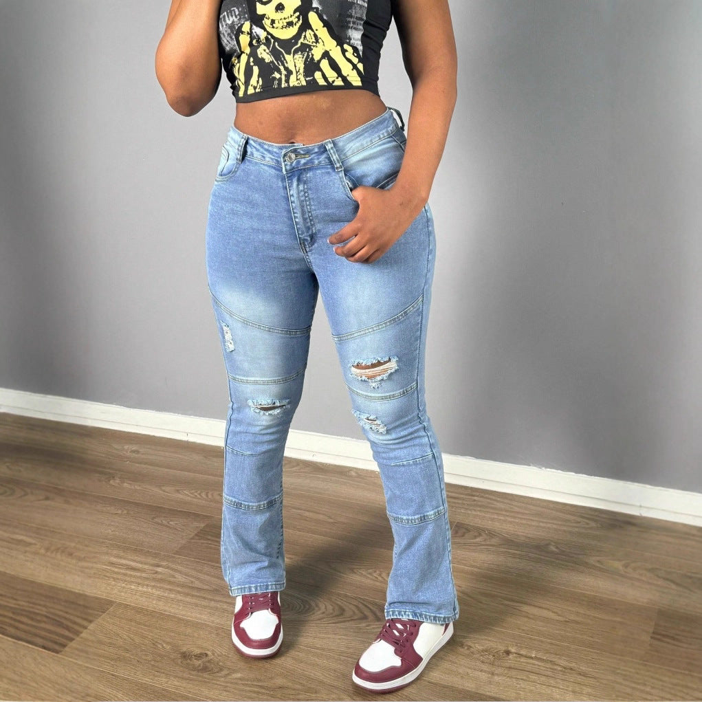 Women's jeans pants with high waist, straight leg, knee ribs and panel seams Fashion Glam