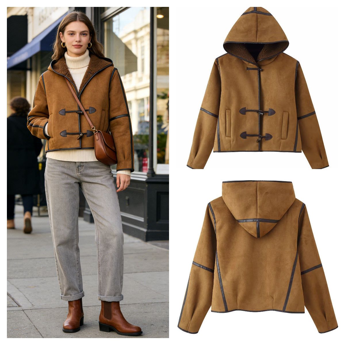 Women's Short Hooded Sheepskin Imitation Duffle Jacket with Toggle Fastenings Fashion Glam