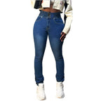 Women high-waisted shaping skinny jeans with double waistband closure and adjustable ankle drawstring Fashion Glam